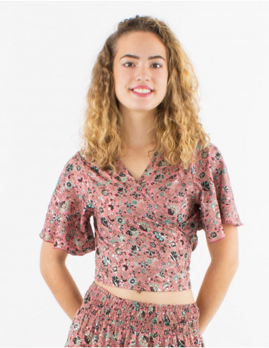 Top poliester mangas cortas sari estampado plata