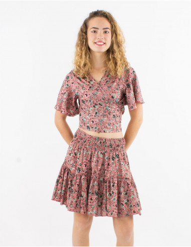 Top poliester mangas cortas sari estampado plata