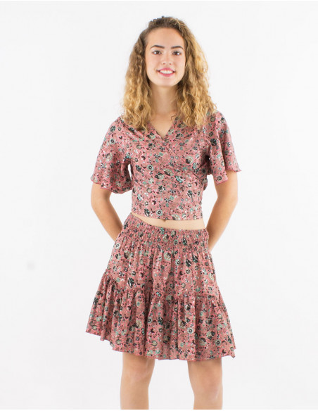 Top poliester mangas cortas sari estampado plata