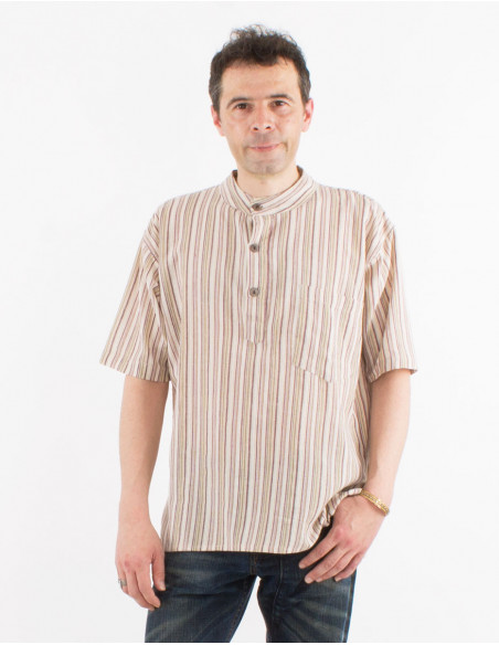 Camisa kurta h algodon rayas botones redondos mangas cortas