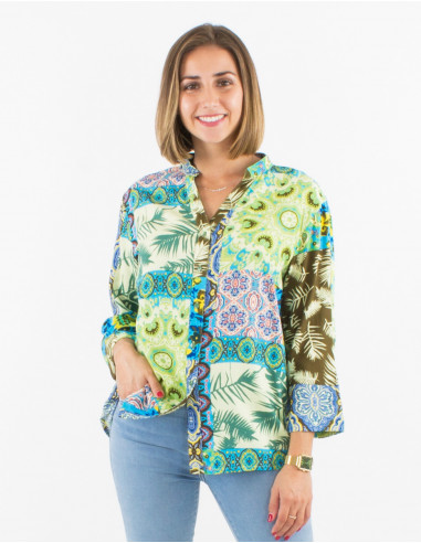 Blusa viscosa con botones mangas 3/4...