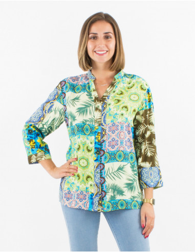 Blusa viscosa con botones mangas 3/4...