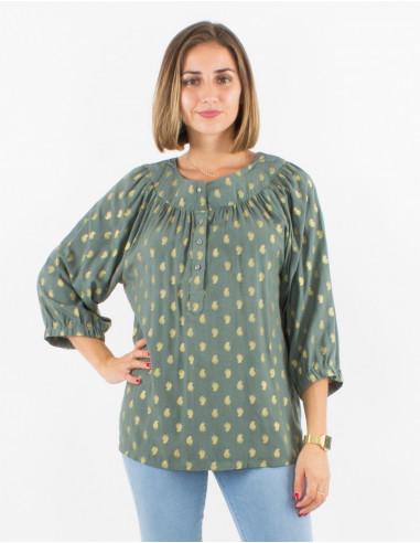 Blusa viscosa mangas 3/4 estampado bali  dorado