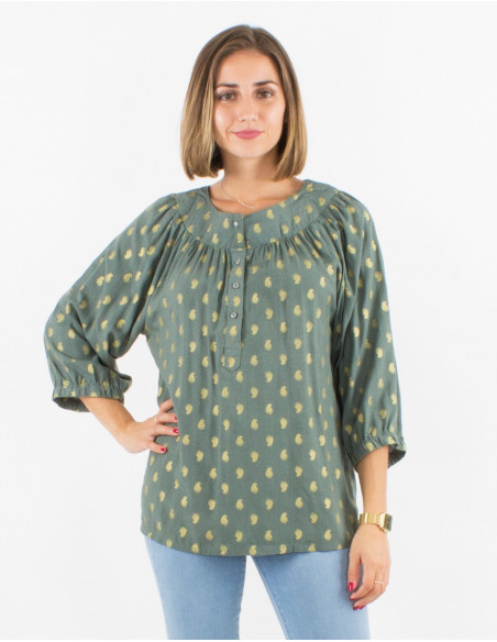 Blusa viscosa mangas 3/4 estampado bali  dorado