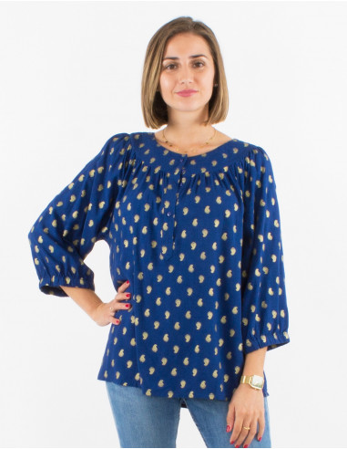 Blusa viscosa mangas 3/4 estampado bali  dorado