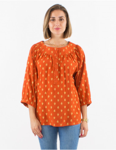 Blusa viscosa mangas 3/4 estampado bali  dorado