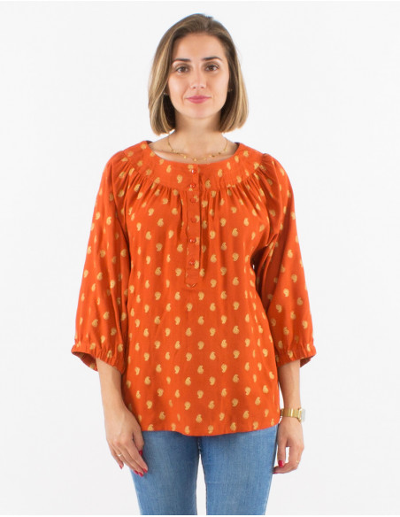 Blusa viscosa mangas 3/4 estampado bali  dorado