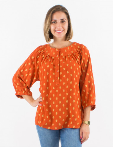 Blusa viscosa mangas 3/4 estampado bali  dorado