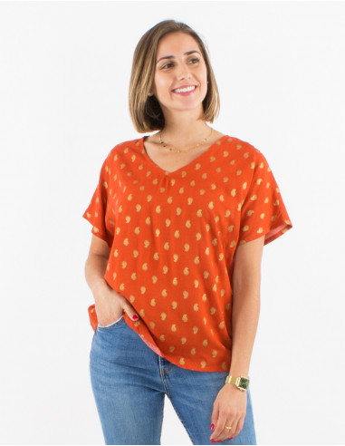 Blusa viscosa mangas cortas estampado bali  dorado