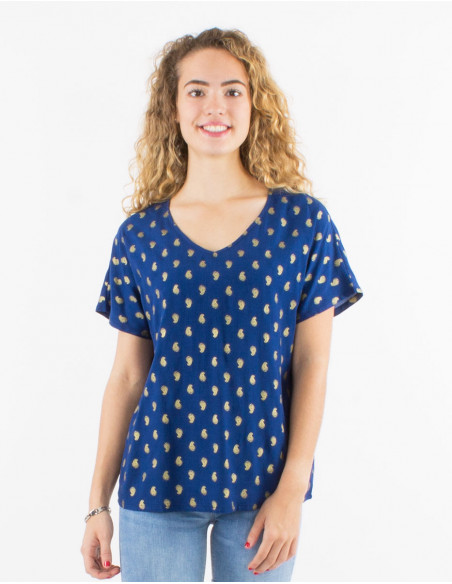 Blusa viscosa mangas cortas estampado bali  dorado