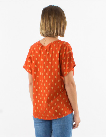 Blusa viscosa mangas cortas estampado bali  dorado
