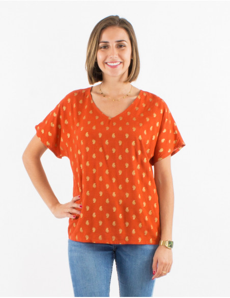 Blusa viscosa mangas cortas estampado bali  dorado
