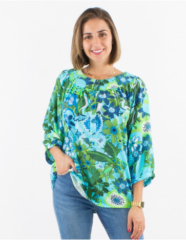 Blusa viscosa mangas 3/4 estampado sixties