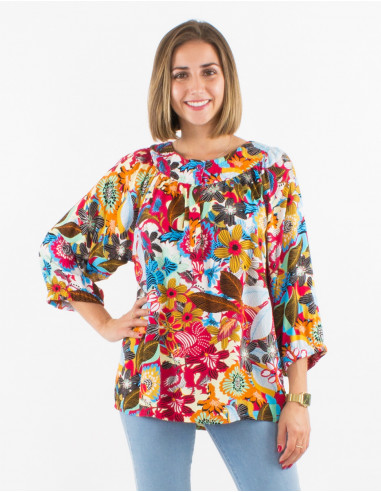 Blusa viscosa mangas 3/4 estampado sixties