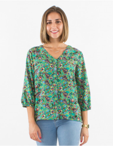 Blusa poliester con botones  mangas 3/4 estampado mistery