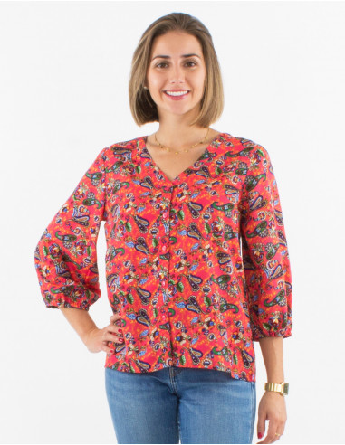 Blusa poliester con botones  mangas 3/4...