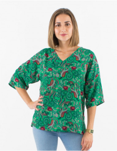 Blusa poliester mangas 3/4 estampado cachemire