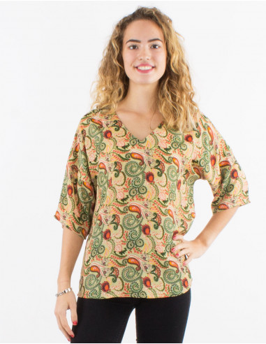 Blusa poliester mangas 3/4 estampado cachemire