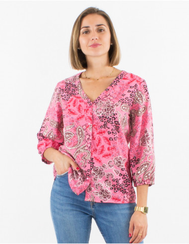 Blusa poliester con botones mangas 3/4 estampado pansy plata