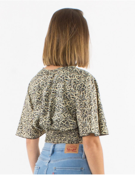 Top corto poliester  mangas cortas sari estampado plata