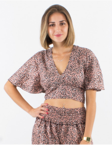 Top corto poliester  mangas cortas sari estampado plata