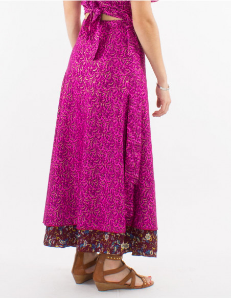 Falda larga poliester cruzada sari estampado dorada