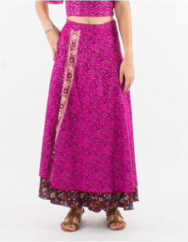 Falda larga poliester cruzada sari estampado...