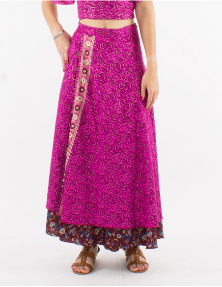 Falda larga poliester cruzada sari estampado dorada