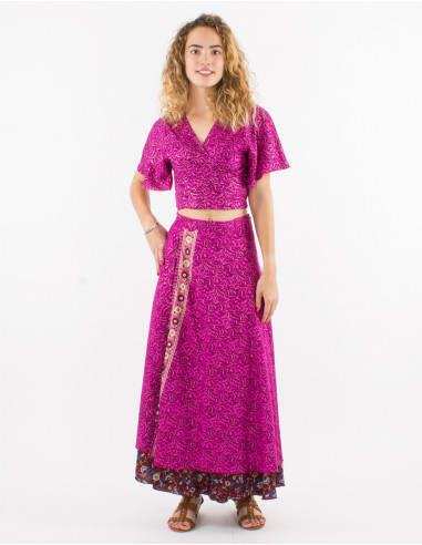 Falda larga poliester cruzada sari estampado...