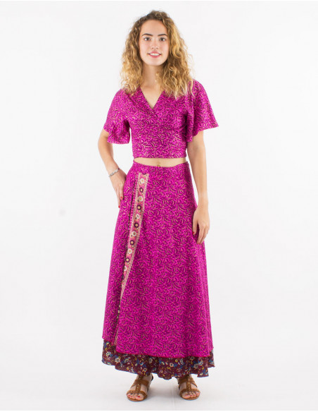 Falda larga poliester cruzada sari estampado dorada