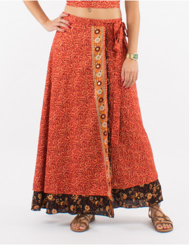 Falda larga poliester cruzada sari estampado...