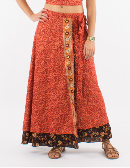 Falda larga poliester cruzada sari estampado dorada