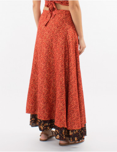Falda larga poliester cruzada sari estampado...