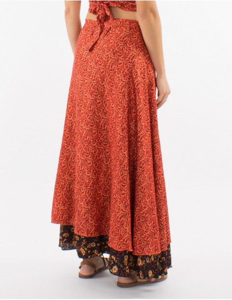 Falda larga poliester cruzada sari estampado dorada