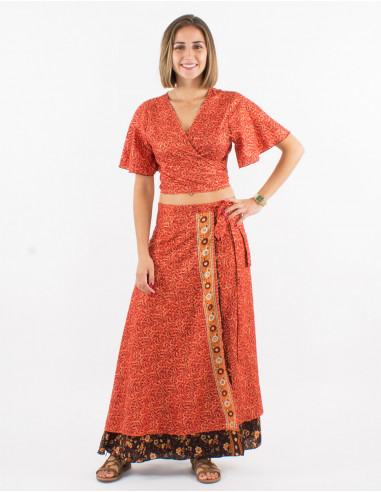 Falda larga poliester cruzada sari estampado...