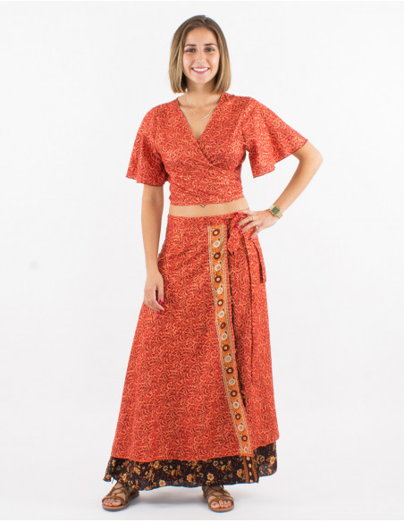 Falda larga poliester cruzada sari estampado dorada