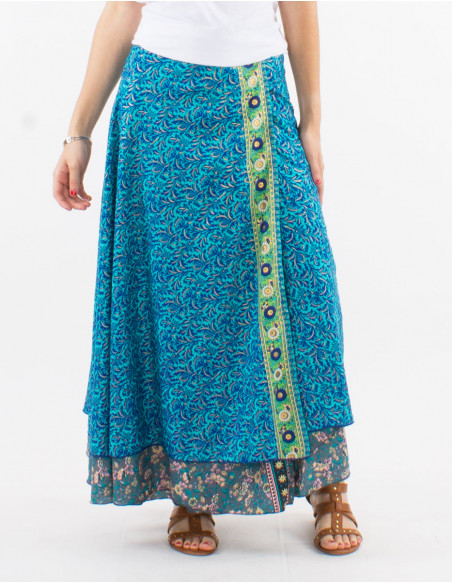 Falda larga poliester cruzada sari estampado dorada