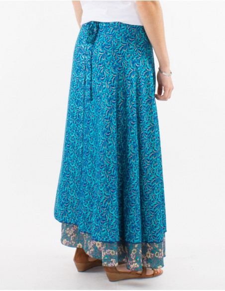 Falda larga poliester cruzada sari estampado dorada