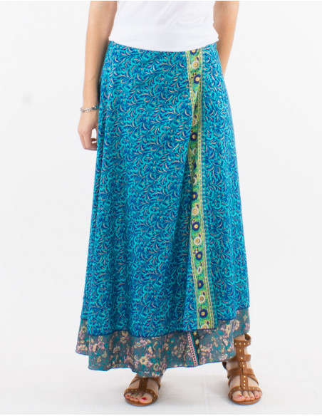 Falda larga poliester cruzada sari estampado dorada