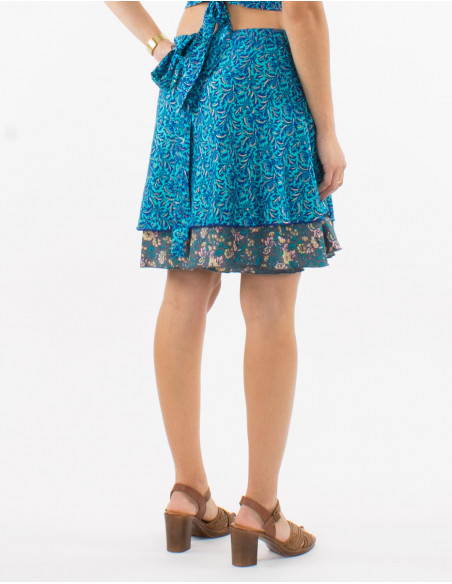 Falda corta poliester cruzada sari estampado dorada