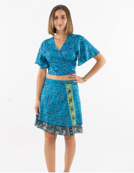 Falda corta poliester cruzada sari estampado dorada