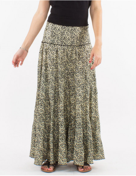 Falda larga poliester con volantes sari estampado plata