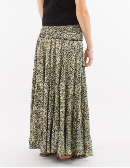 Falda larga poliester con volantes sari estampado plata