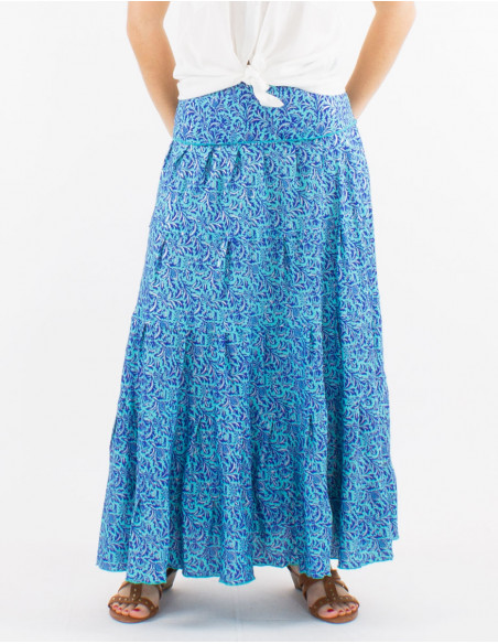 Falda larga poliester con volantes sari estampado plata