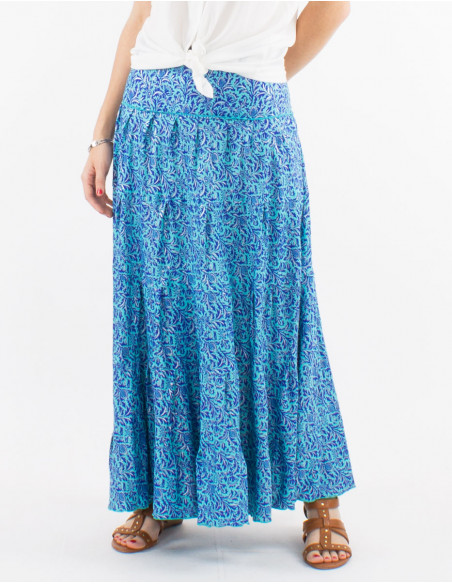 Falda larga poliester con volantes sari estampado plata