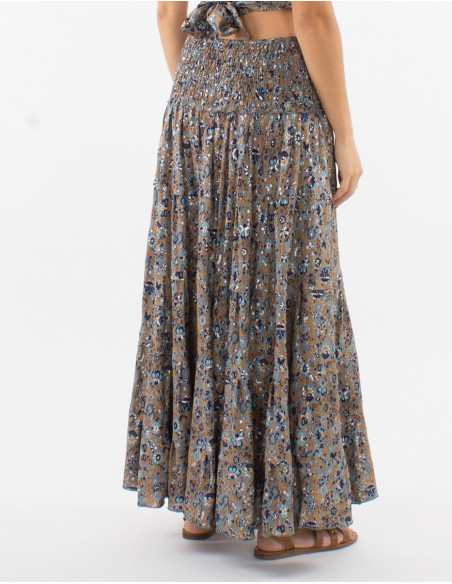 Falda larga poliester con volantes sari estampado plata