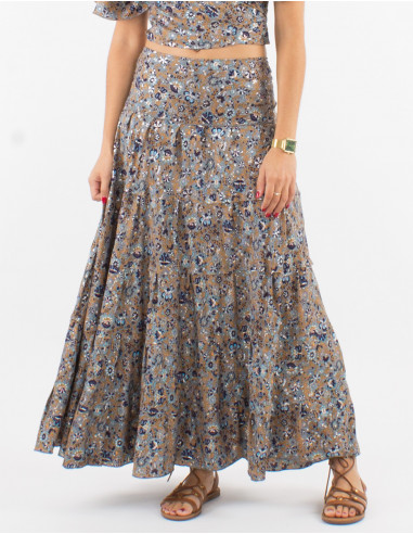 Falda larga poliester con volantes sari...