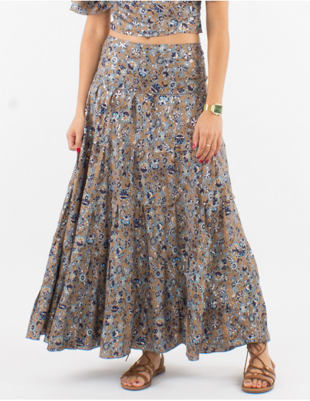 Falda larga poliester con volantes sari estampado plata
