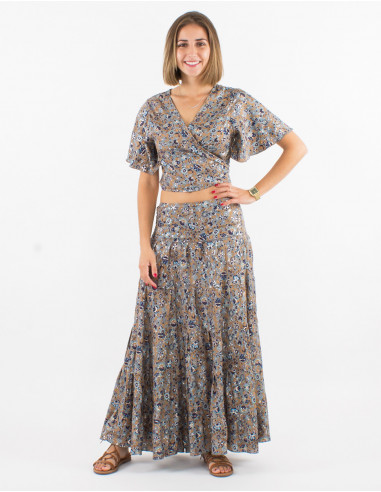 Falda larga poliester con volantes sari...