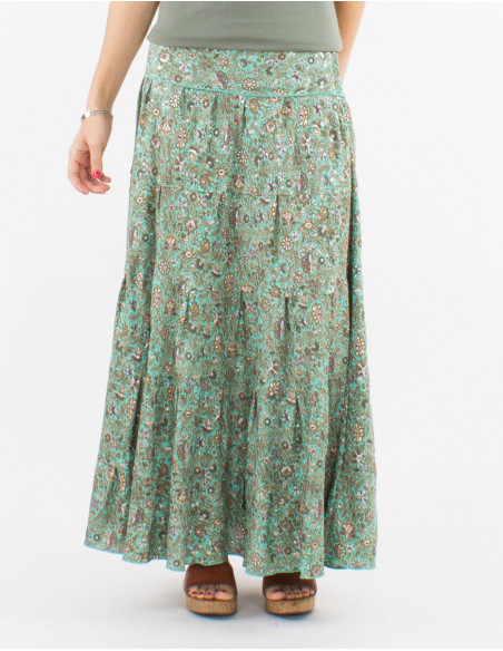 Falda larga poliester con volantes sari estampado plata